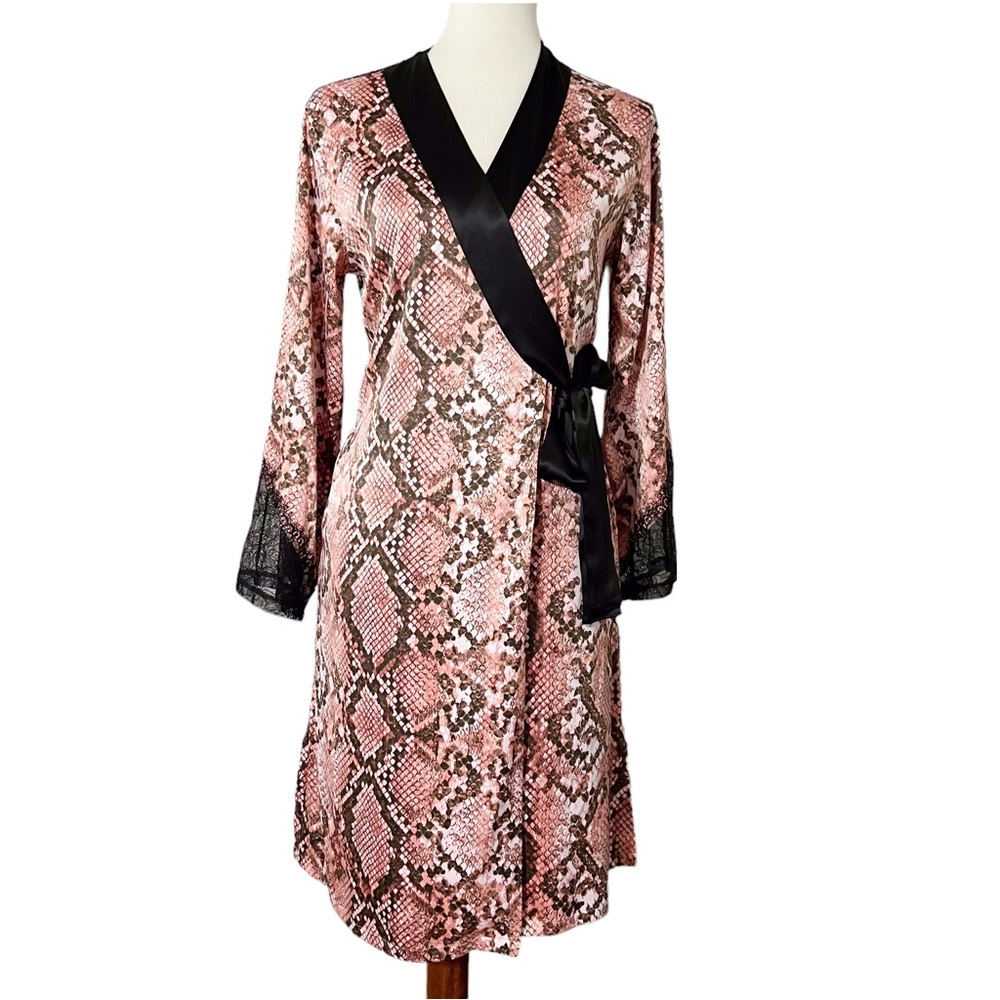 Victoria's Secret Satin Snake Skin‎ Print Black Lace Kimono Robe Size XS